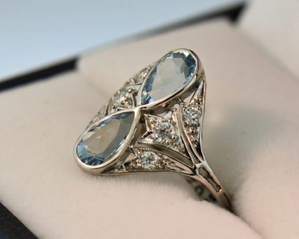 edwardian double pear shape aquamarine ring in platinum