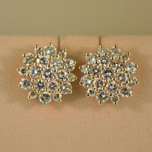 yellow gold round diamond pave cocktail cluster stud earrings