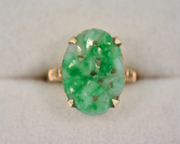 art deco carved green jadeite jade ring