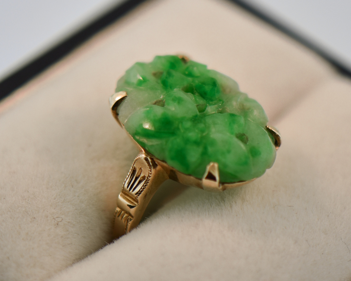 Doe herleven Nauw Neuken Art Deco Carved Green Jadeite Jade Ring 