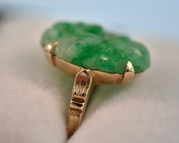 art deco carved green jadeite jade ring 3