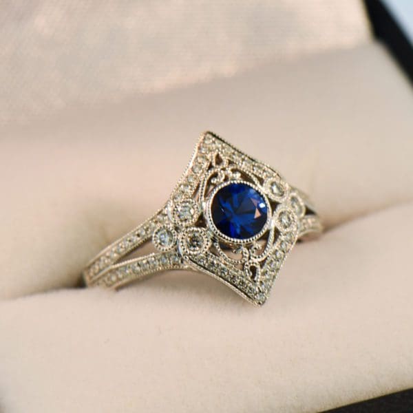 blue sapphire and diamond antique inspired ring