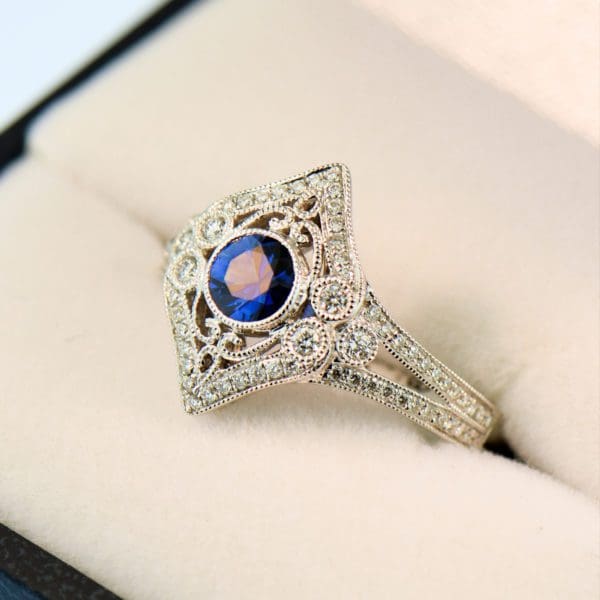 blue sapphire and diamond antique inspired ring 5 1