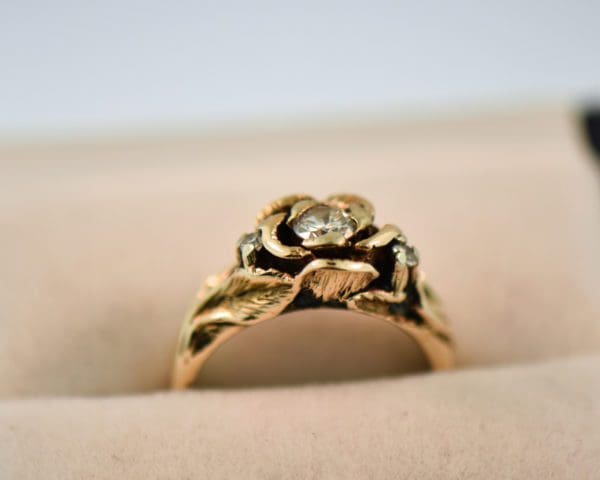 carved rose ring flower engagement ring circa 1970 diamonds