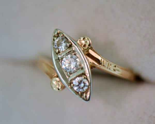 deco boat ring in twotone gold with diamond trio 4