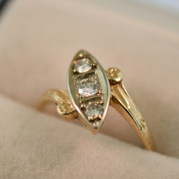 deco boat ring in twotone gold with diamond trio 5