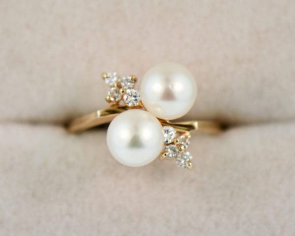 estate akoya double pearl and diamond cluster ring