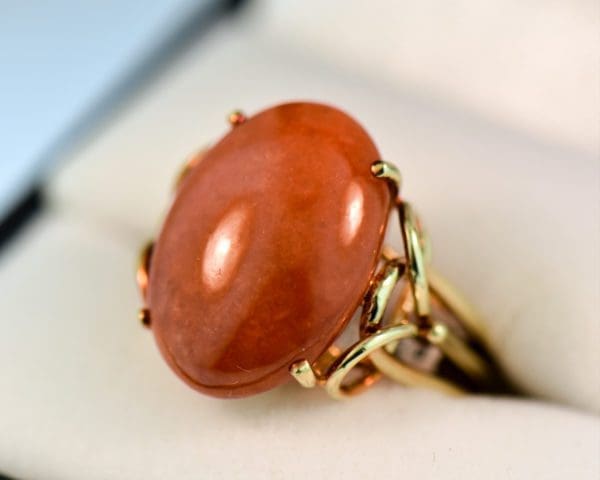 oval cabochon orangey red jadeite jade vintage ring 3