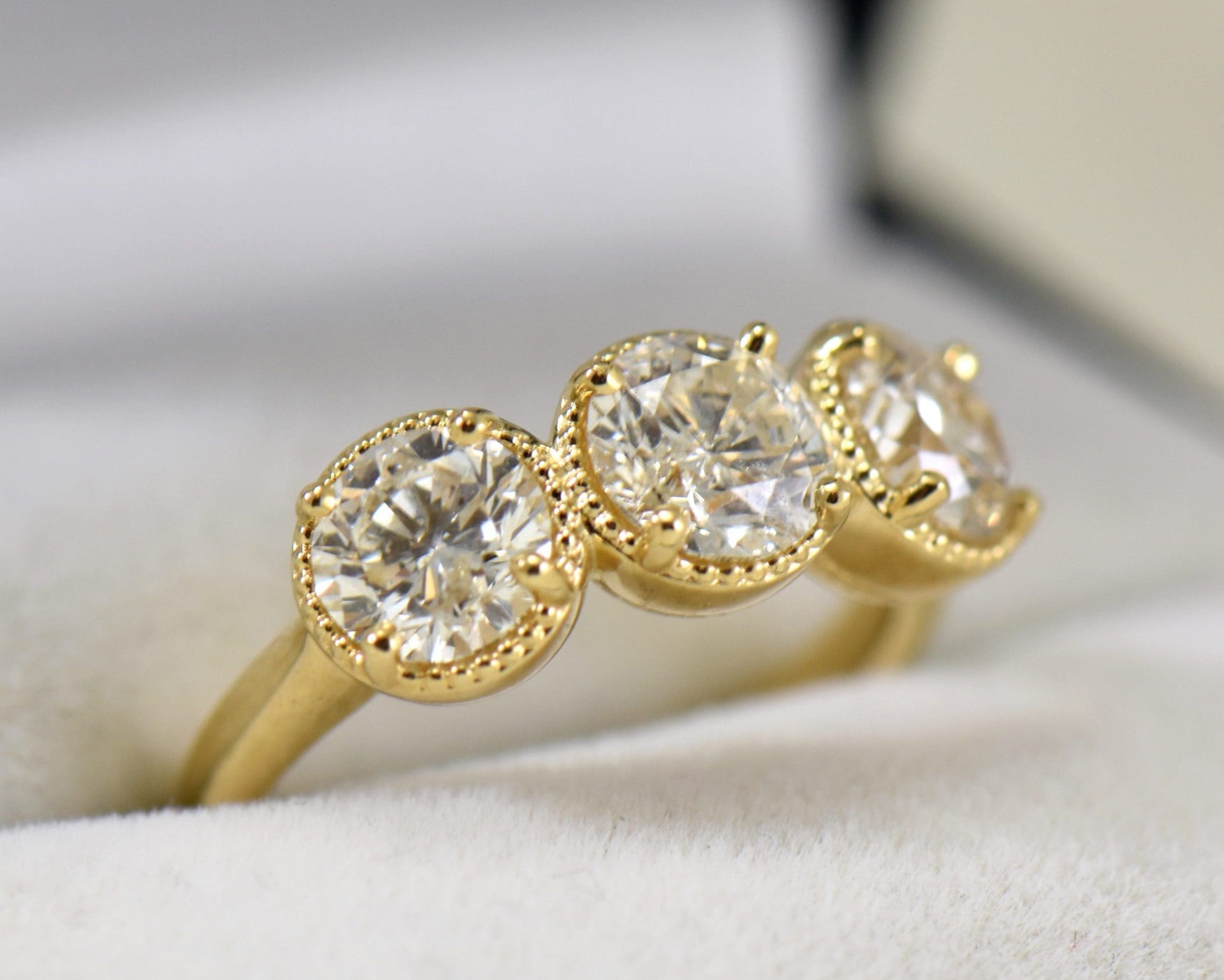 2.50ctw round diamond three stone ring yellow gold rope design with heirloom diamonds 2.50ctw round diamond three stone ring yellow gold rope design with heirloom diamonds