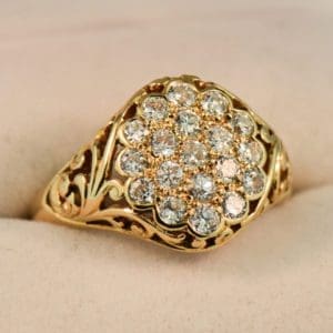 antique unisex carved gold and diamond pave cluster ring