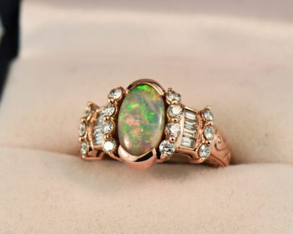 custom rose gold cocktail ring with baguette diamonds and australian opal 2
