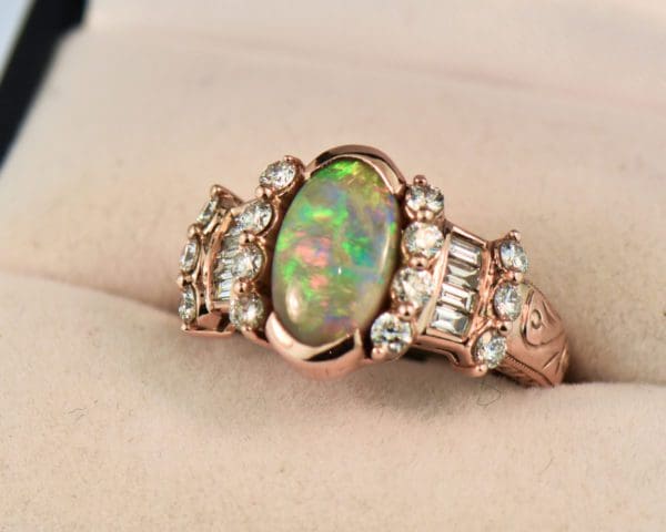 custom rose gold cocktail ring with baguette diamonds and australian opal 3