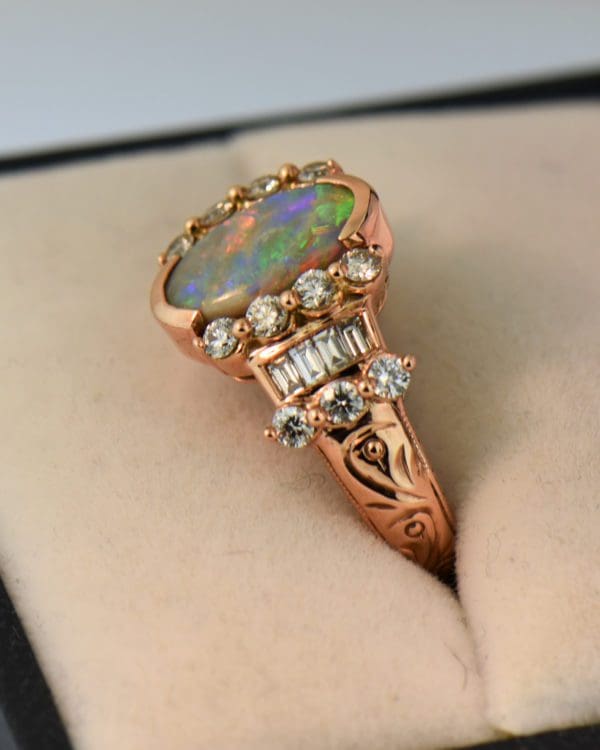 custom rose gold cocktail ring with baguette diamonds and australian opal 4