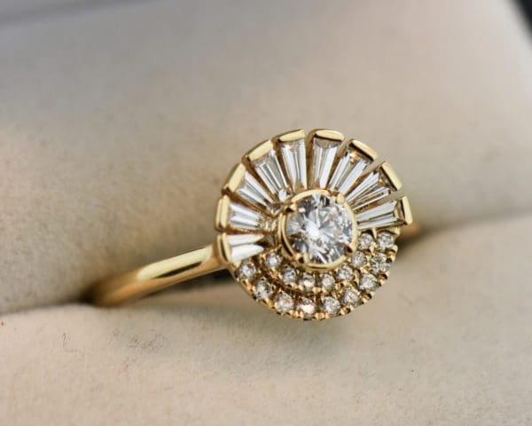 modern diamond baguette and round rising sun ring