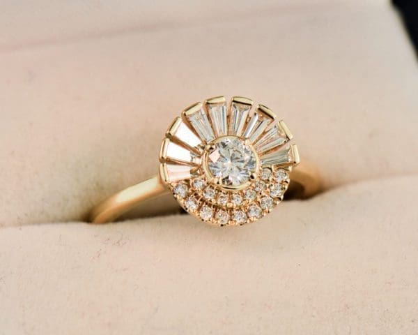 modern diamond baguette and round rising sun ring 2