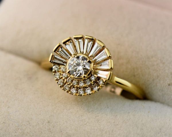 modern diamond baguette and round rising sun ring 5