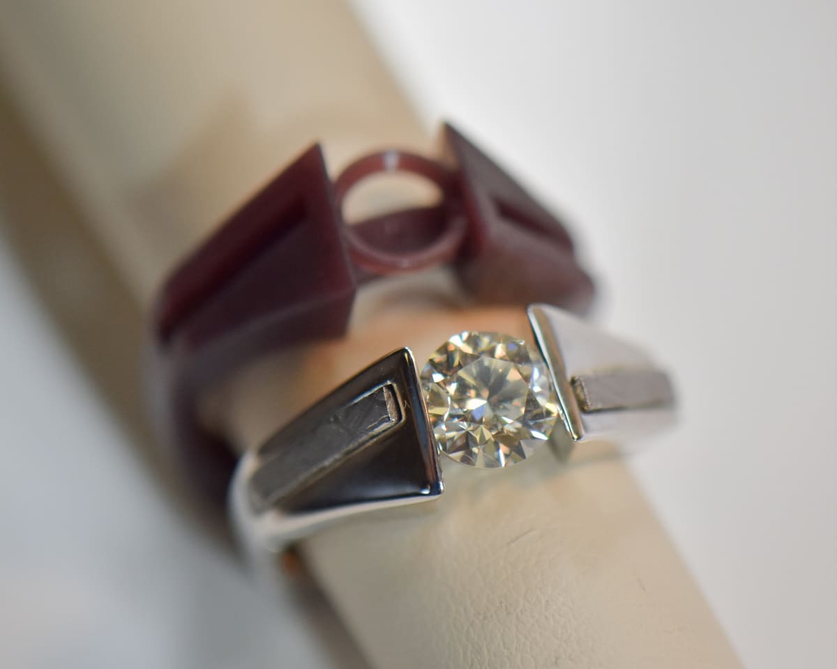 Tension Set Diamond Engagement Ring with Meteorite