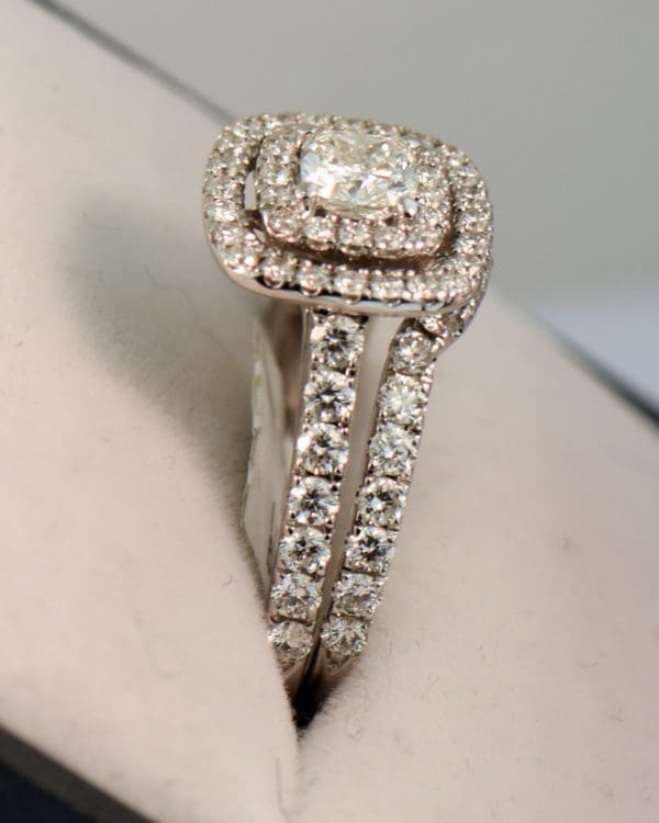 square cushion diamond double halo engagement ring and wedding band set 2