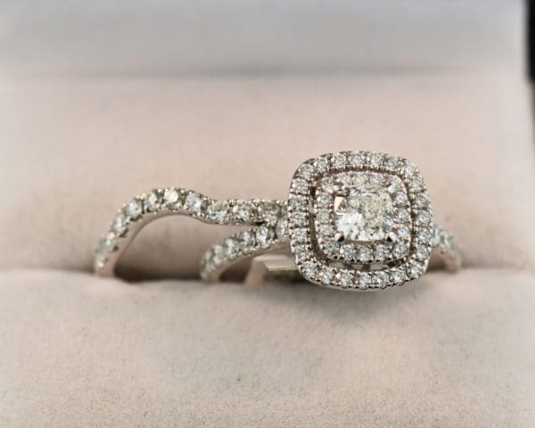 square cushion diamond double halo engagement ring and wedding band set 4