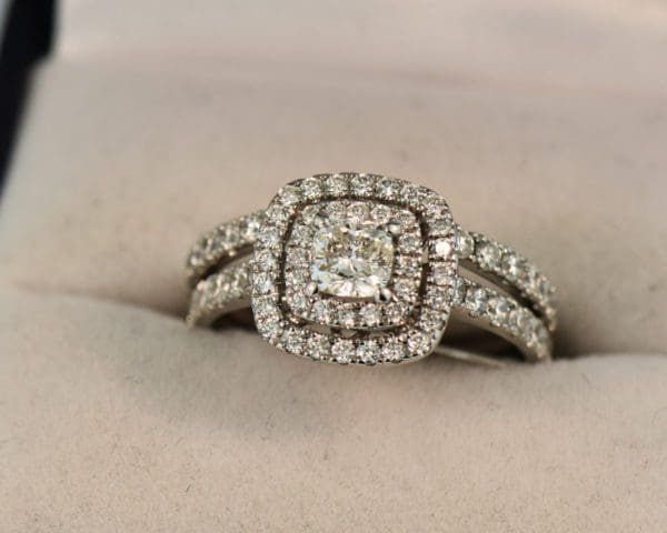 square cushion diamond double halo engagement ring and wedding band set 5