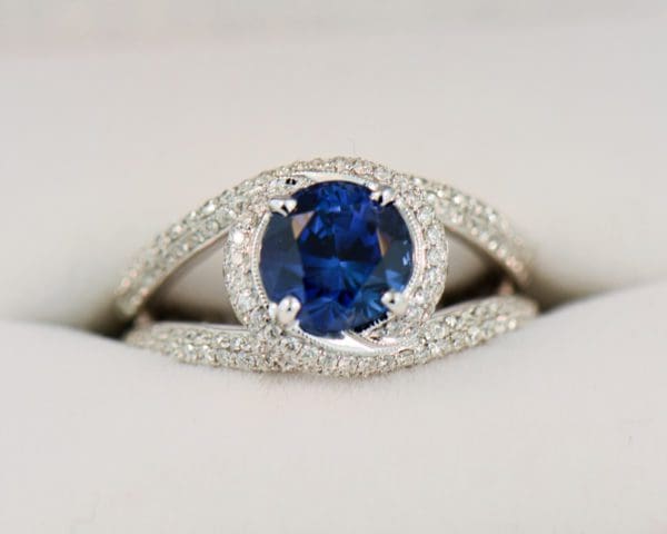 2ct round blue sapphire and pave diamond swirl ring