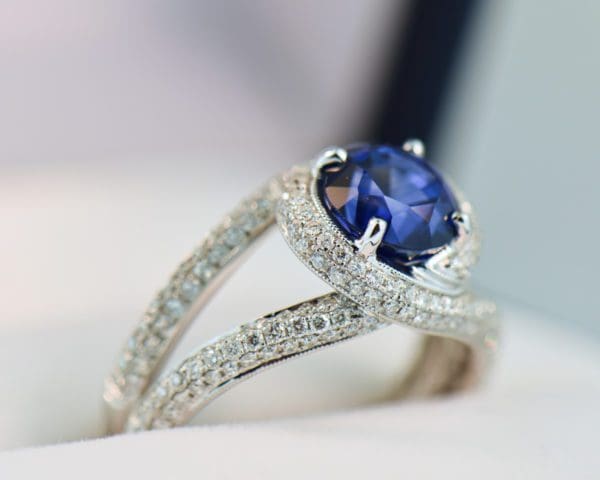 2ct round blue sapphire and pave diamond swirl ring 2