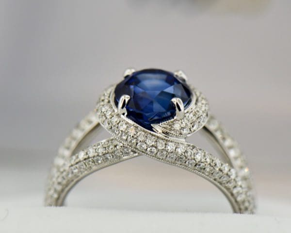 2ct round blue sapphire and pave diamond swirl ring 3