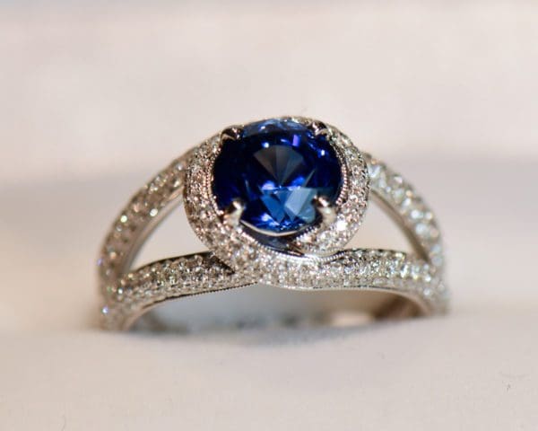 2ct round blue sapphire and pave diamond swirl ring 5