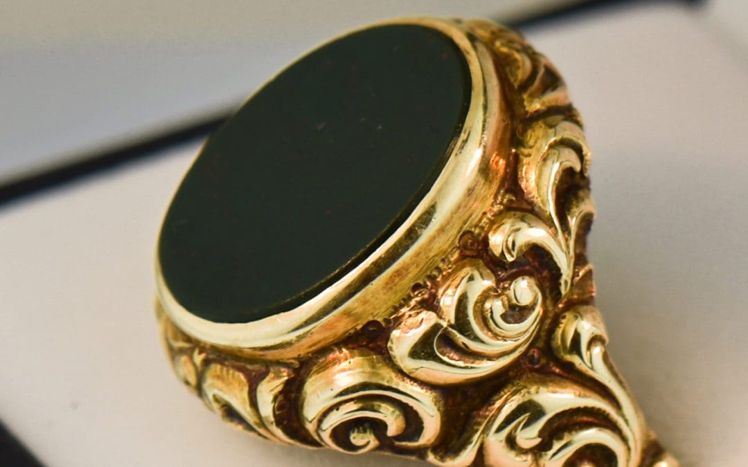 antique bloodstone and chased gold repousse gents signet ring