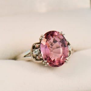 mid century platinum ring with blush pink tourmaline and diamonds