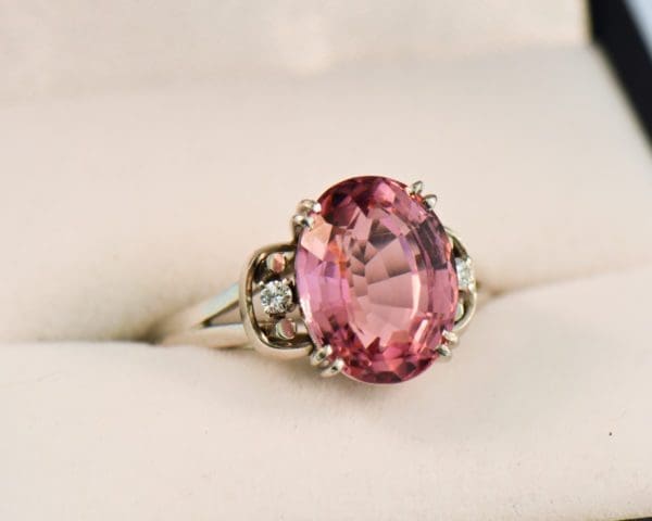 mid century platinum ring with blush pink tourmaline and diamonds