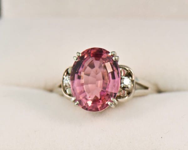 mid century platinum ring with blush pink tourmaline and diamonds 3