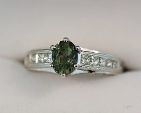 natural forest green sapphire and channel set diamond engagement ring 2