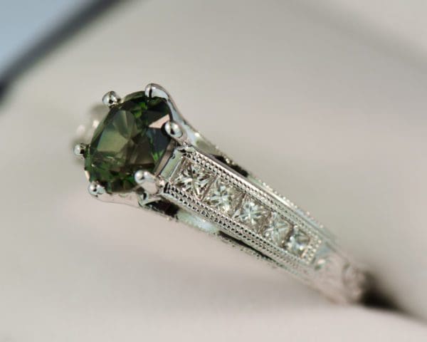 natural forest green sapphire and channel set diamond engagement ring 3
