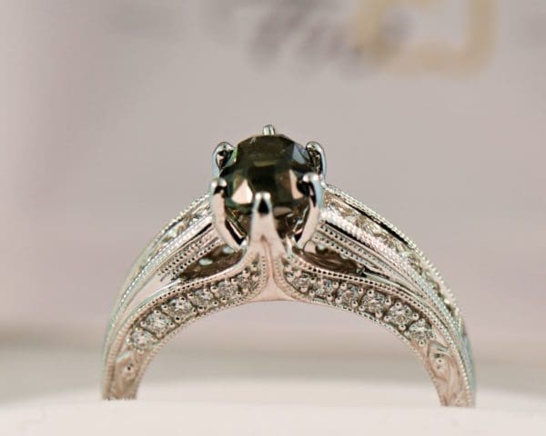 natural forest green sapphire and channel set diamond engagement ring 4