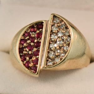 mid century gold mens yin yang ring with rubies and diamonds