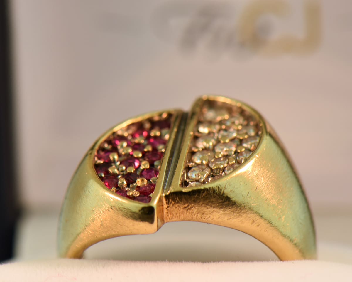 Groovy Mid Century Gents 14k Yin Yang Ring with Rubies Diamonds