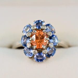 orange and blue sapphire cluster halo ring 2