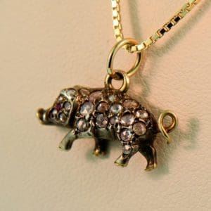 victorian pig charm gold and diamond pendant little piggie