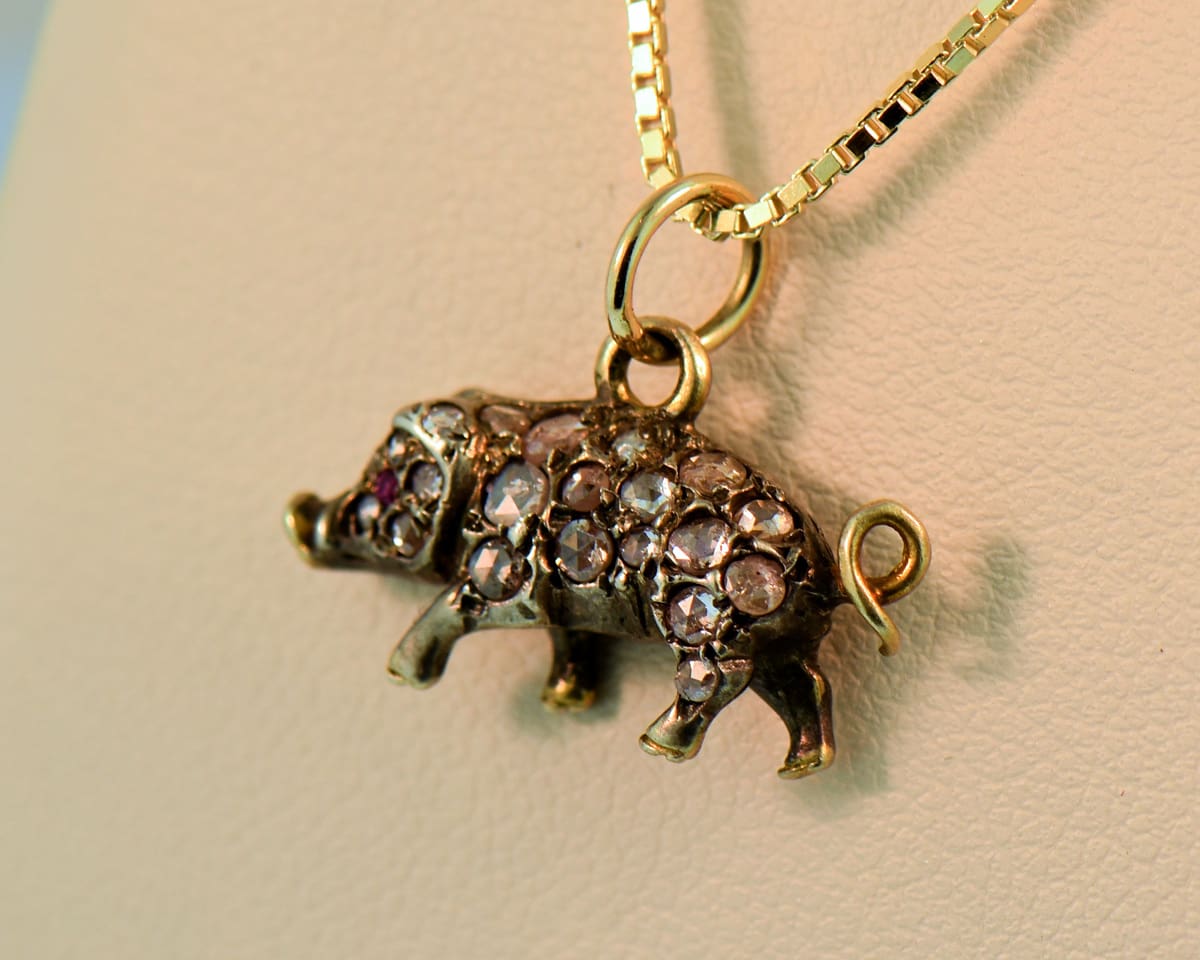 Little Piggie Pendant, Sterling & Gold & Rose Cut Diamonds Little Piggie Pendant, Sterling & Gold & Rose Cut Diamonds