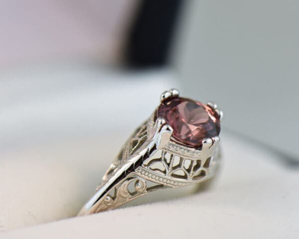 art deco die struck white gold ring with round rose zircon 3