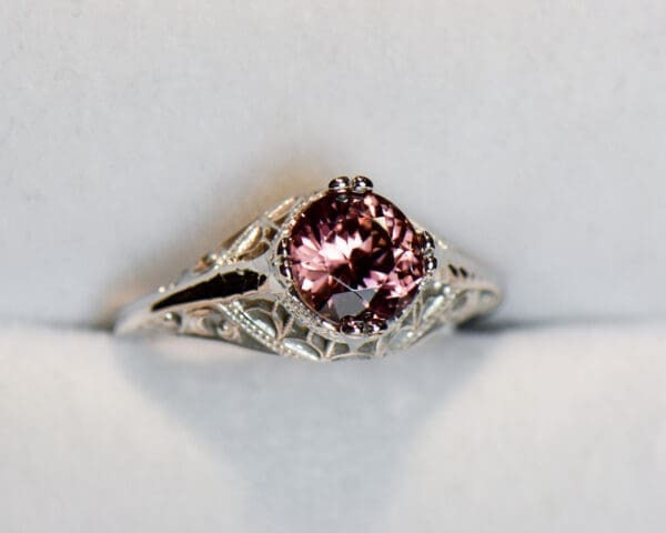art deco die struck white gold ring with round rose zircon 4