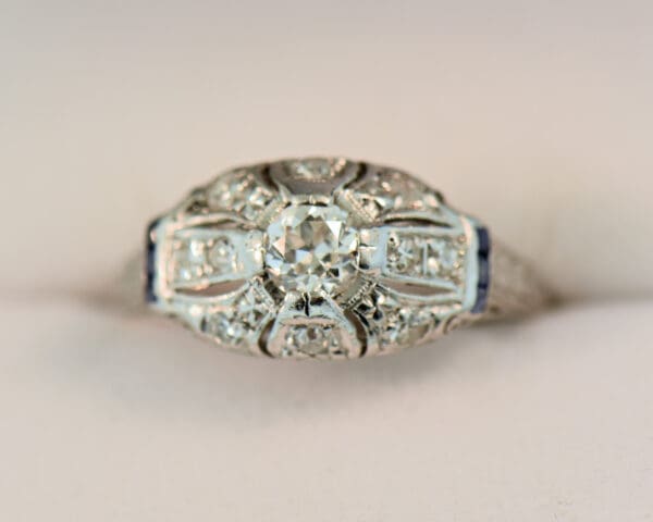 art deco platinum diamond and calibre sapphire ring