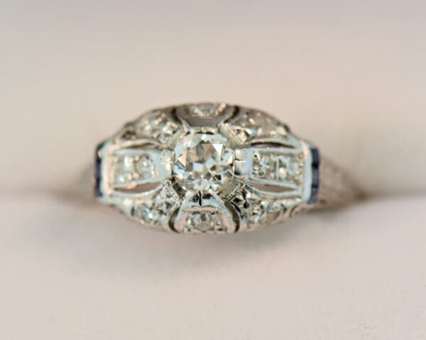 art deco platinum diamond and calibre sapphire ring