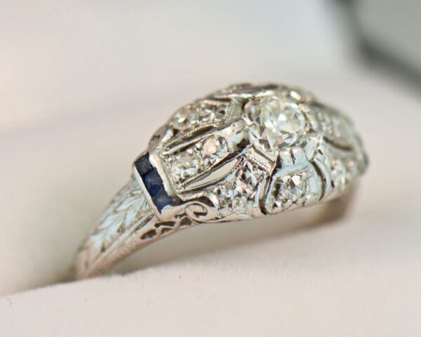 art deco platinum diamond and calibre sapphire ring 2