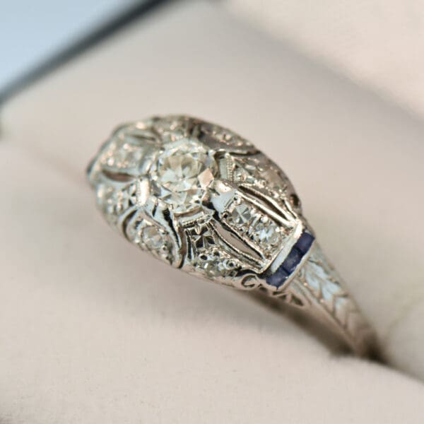 art deco platinum diamond and calibre sapphire ring 4