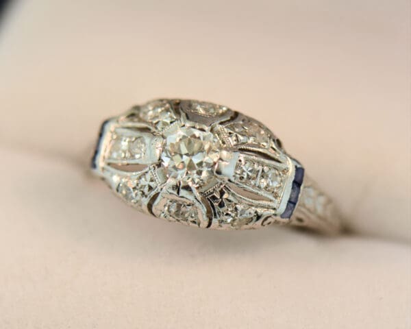 art deco platinum diamond and calibre sapphire ring 6