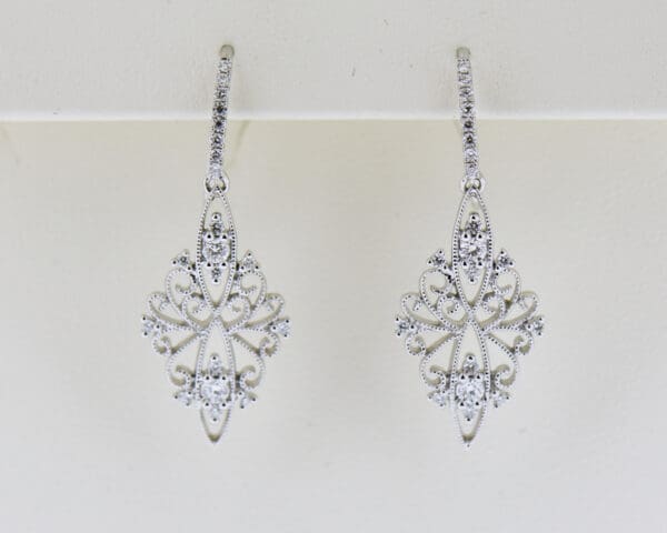 deco inspired filigree diamond dangle earrings