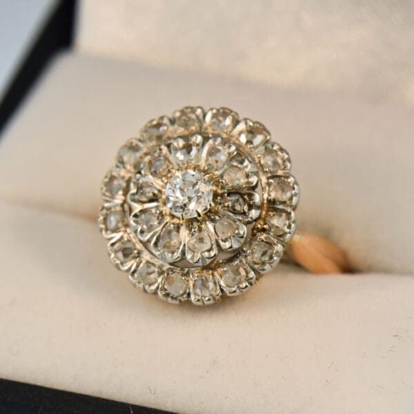 french antique diamond target ring with rose cut and old euro diamonds