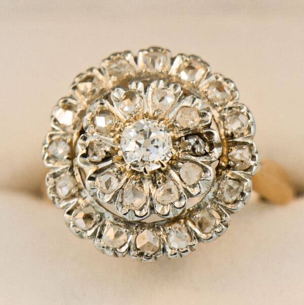 french antique diamond target ring with rose cut and old euro diamonds 4